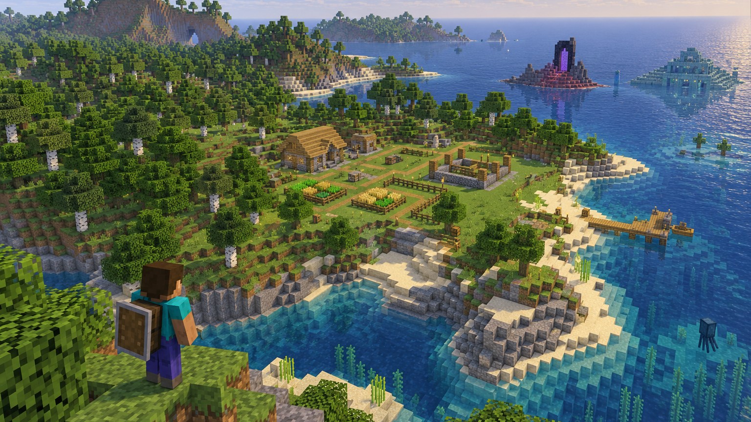Minecraft-style broad forest survival island with space for a growing settlement