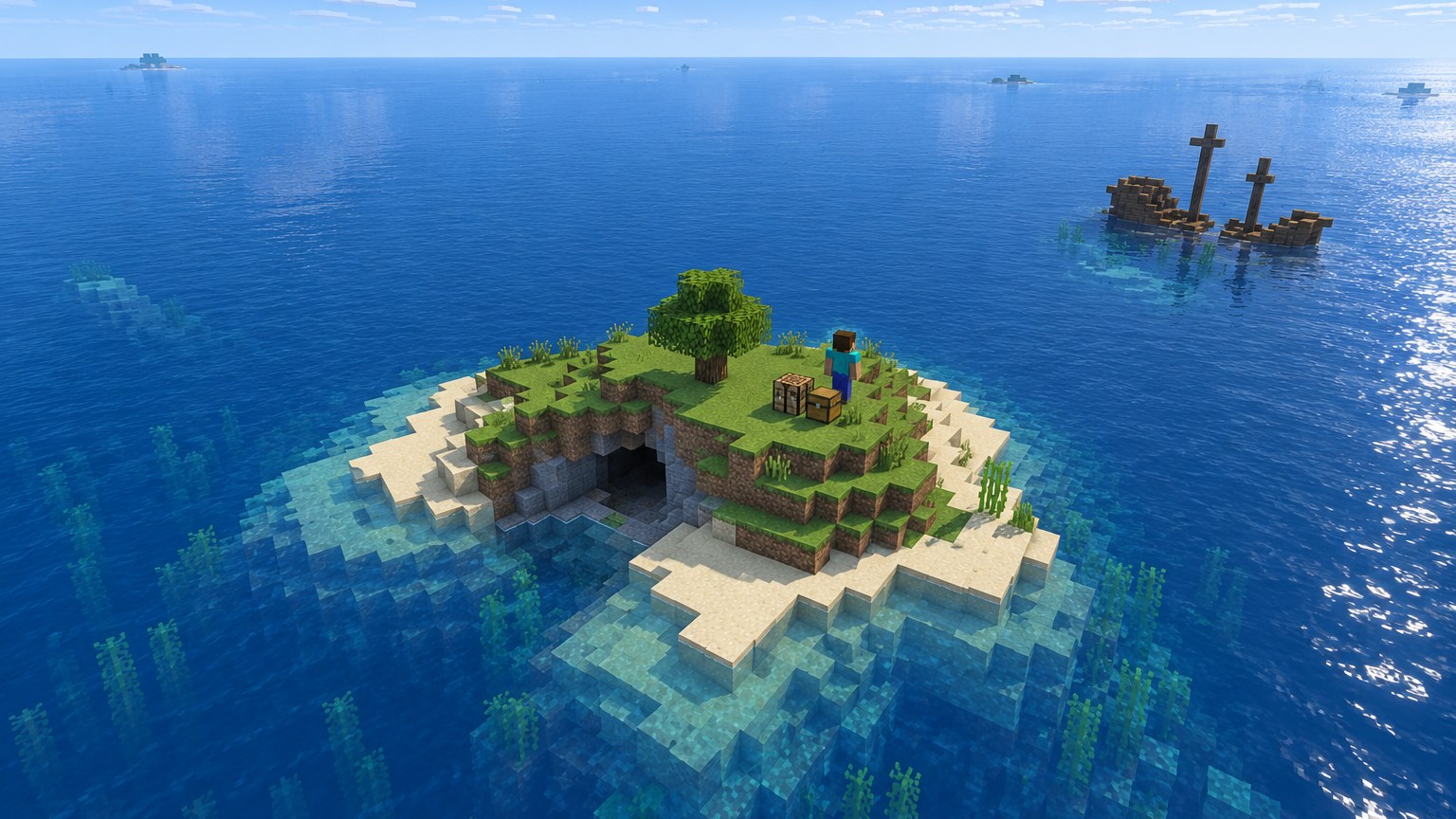 Minecraft-style tiny plains island with one tree and a shipwreck offshore