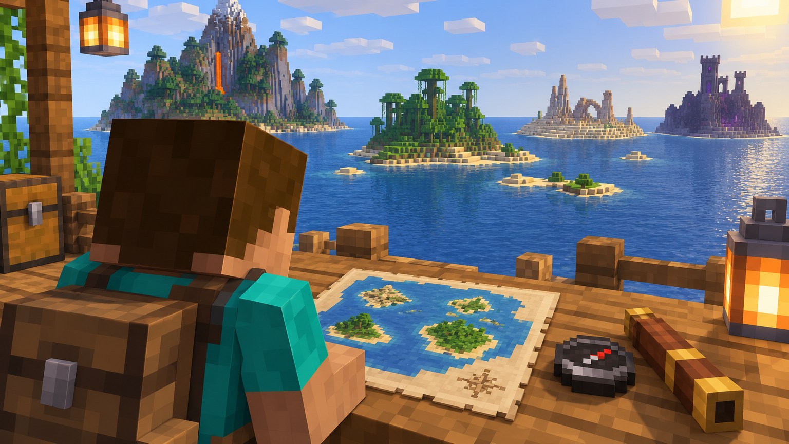 Minecraft-style explorer comparing maps and islands at a coastal planning table