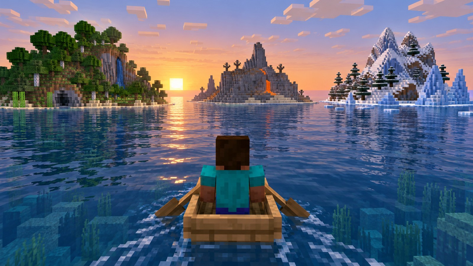 Minecraft-style player choosing between forest, barren and snowy islands
