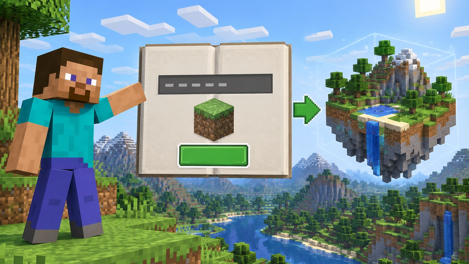Minecraft-style instructional composition showing a player creating an island world