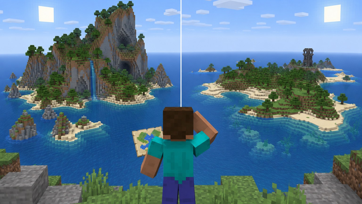 Split Minecraft-style island layouts illustrating a seed mismatch