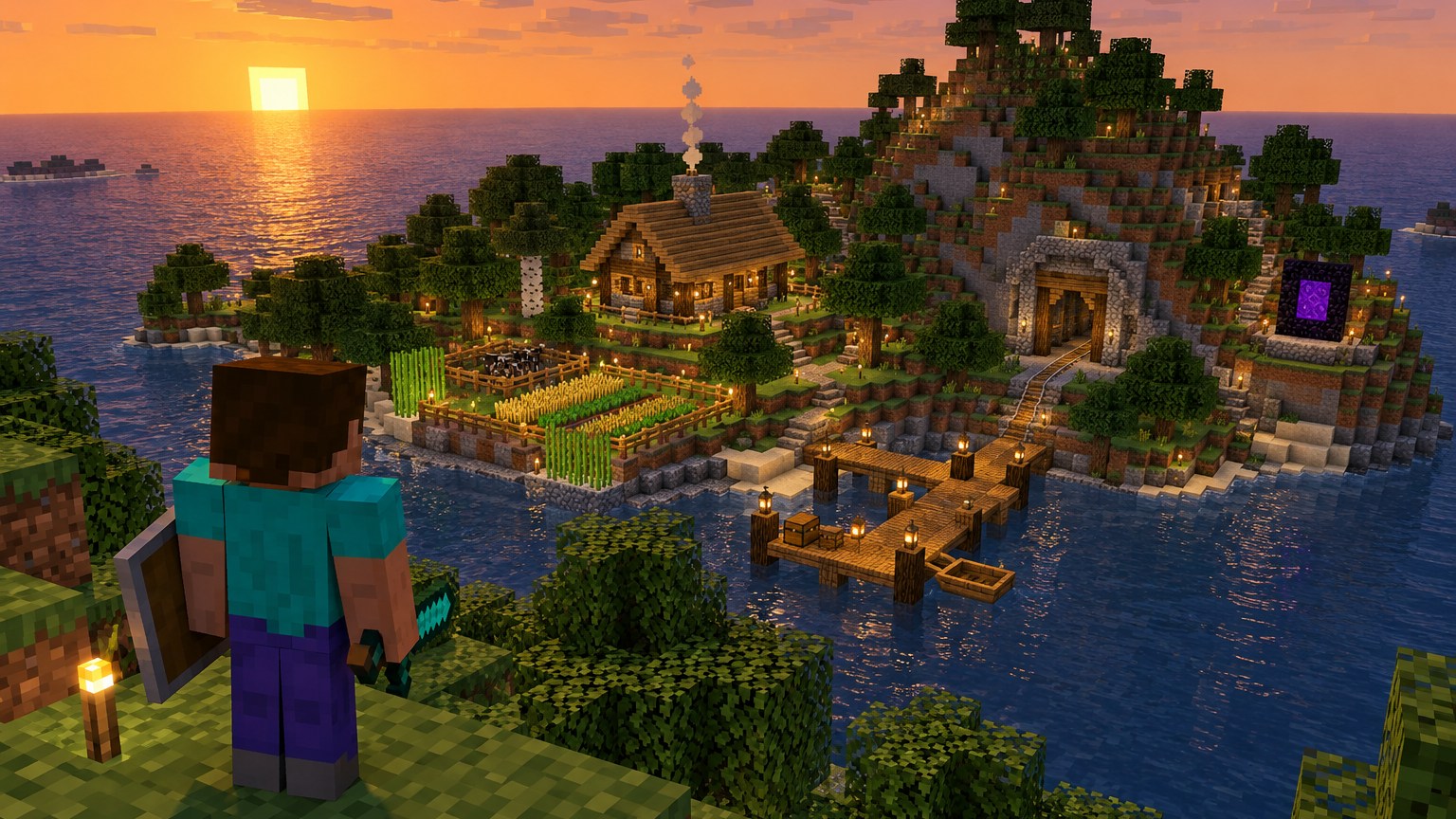 Minecraft-style player overlooking a thriving long-term island survival base