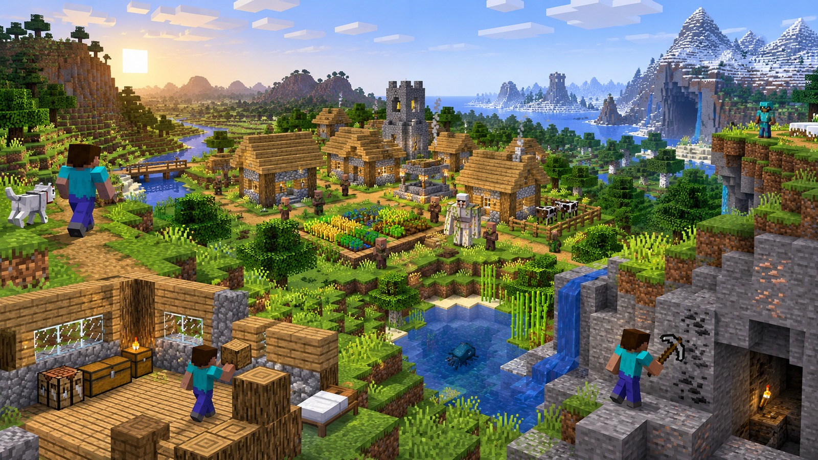 Minecraft-style overview of village at spawn seed categories
