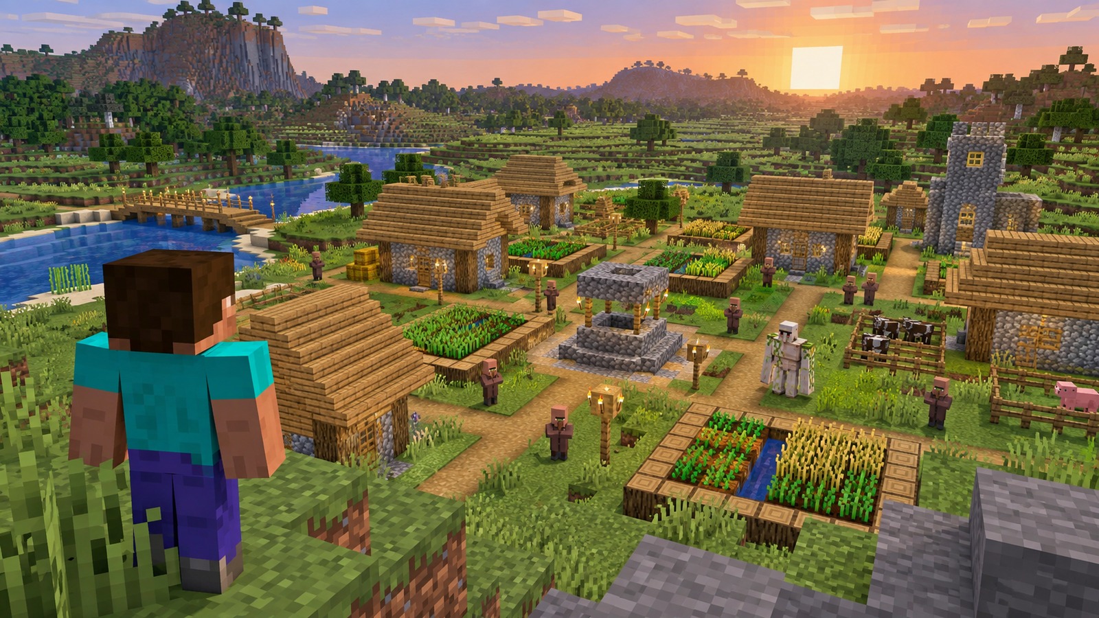 Minecraft-style plains village at world spawn editorial scene