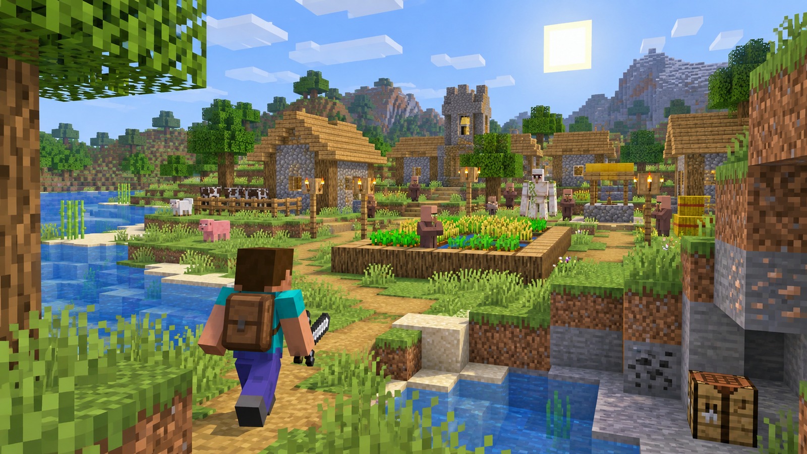 Minecraft-style village with ancient city route editorial scene