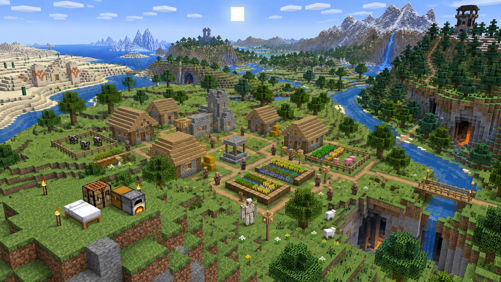 Minecraft-style taiga village and trail ruins editorial scene