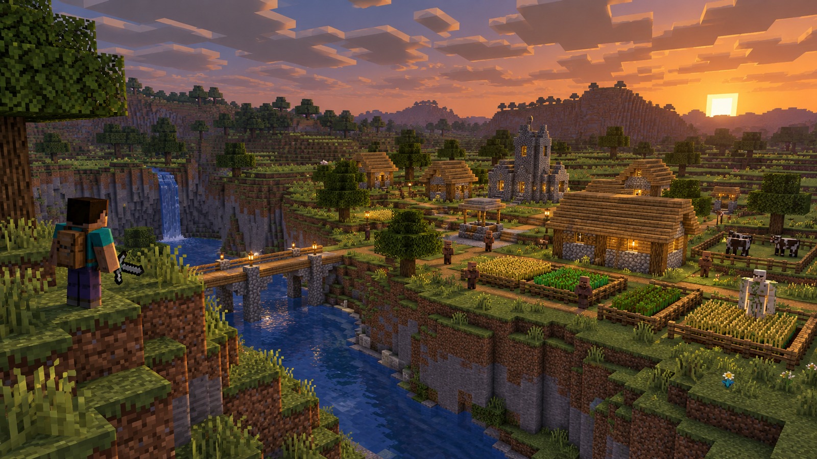 Minecraft-style savanna village adventure start editorial scene