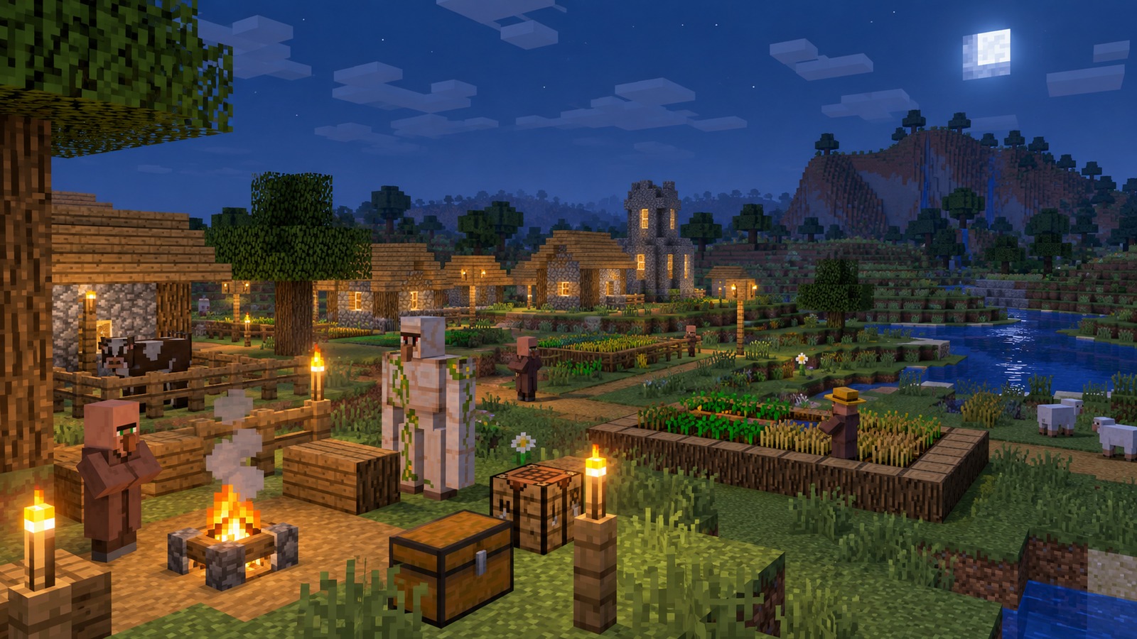 Minecraft-style high-meadow plains village editorial scene