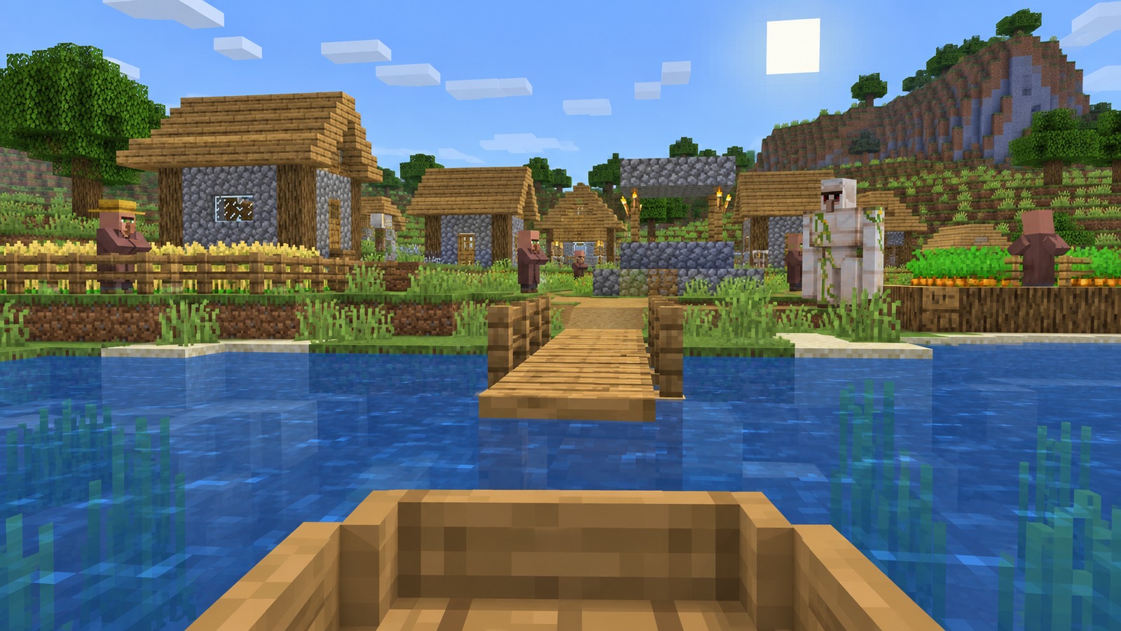 Minecraft-style snowy village with portal editorial scene