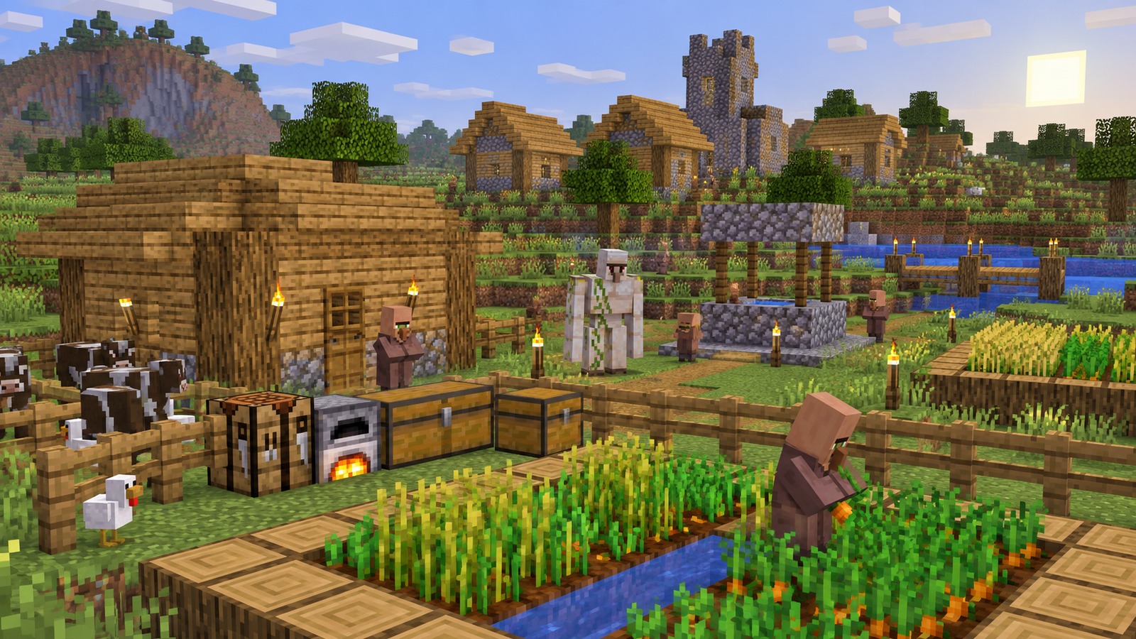 Minecraft-style savanna village at zero editorial scene