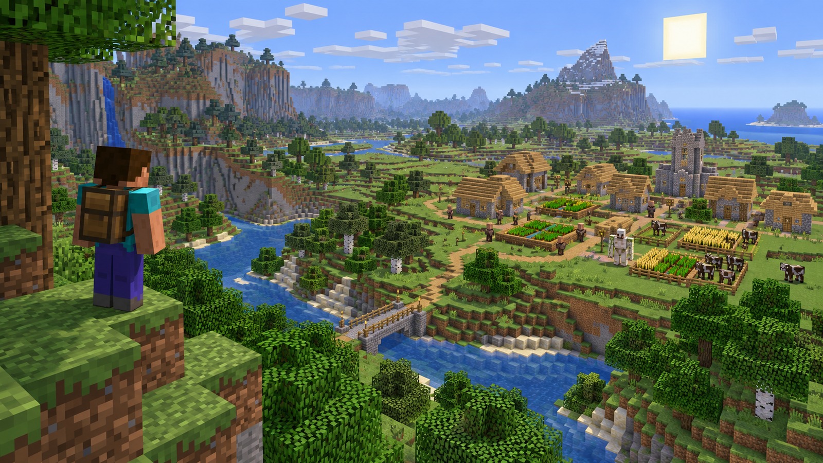 Minecraft-style snowy village starter base editorial scene