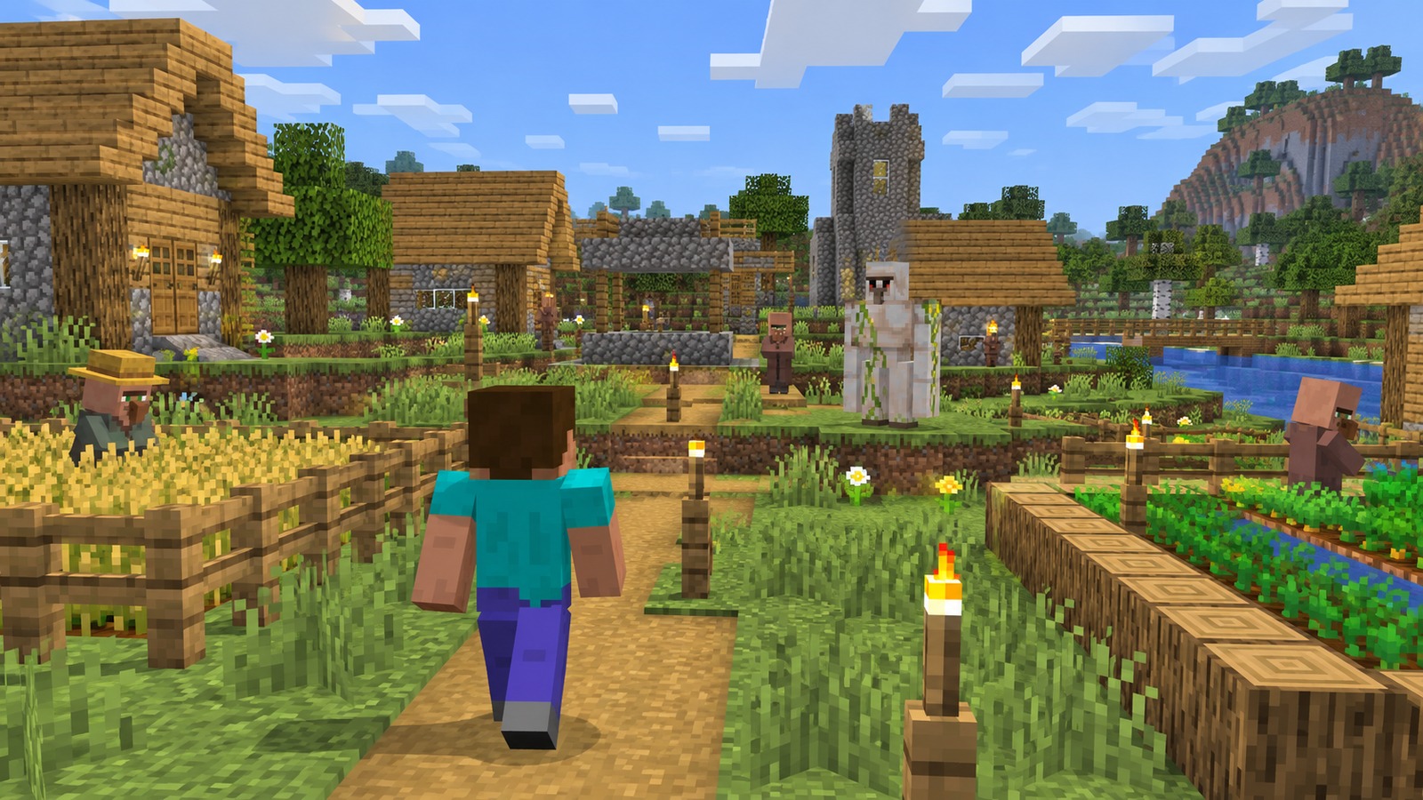 Minecraft-style compact cold-climate village editorial scene