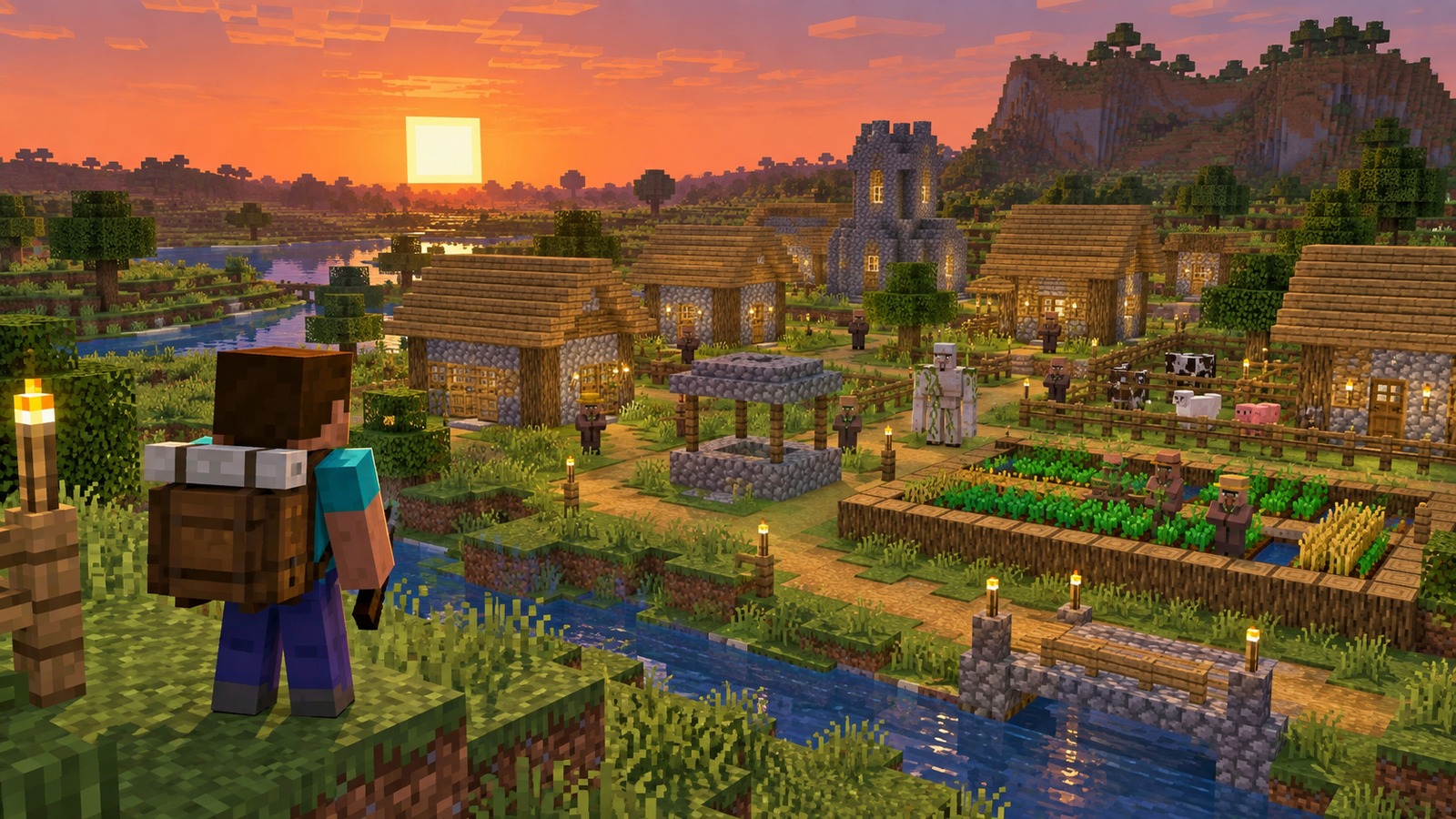 Minecraft-style desert village first night editorial scene