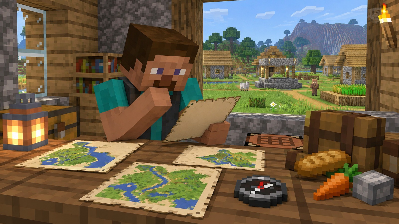 Minecraft-style mapping table comparing village at spawn routes