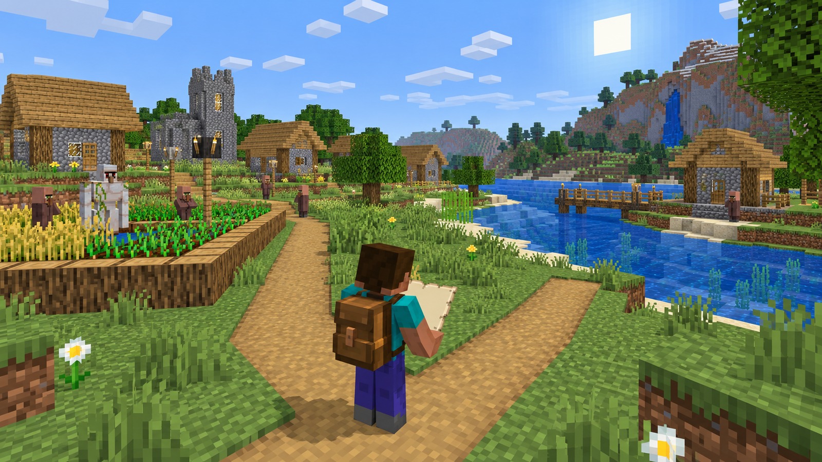 Minecraft-style player choosing among village at spawn worlds