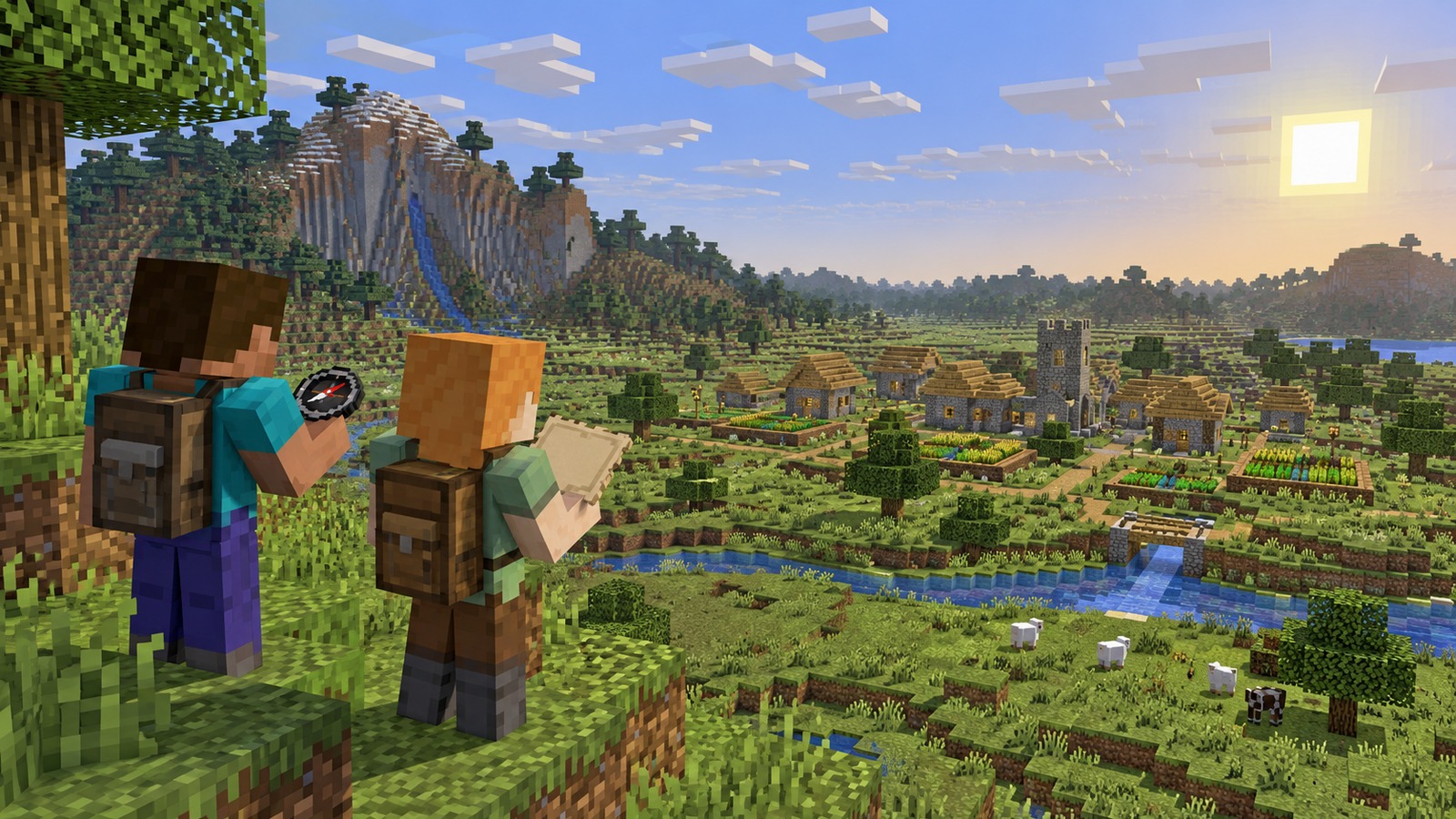 Split Minecraft-style comparison showing a village at spawn seed mismatch