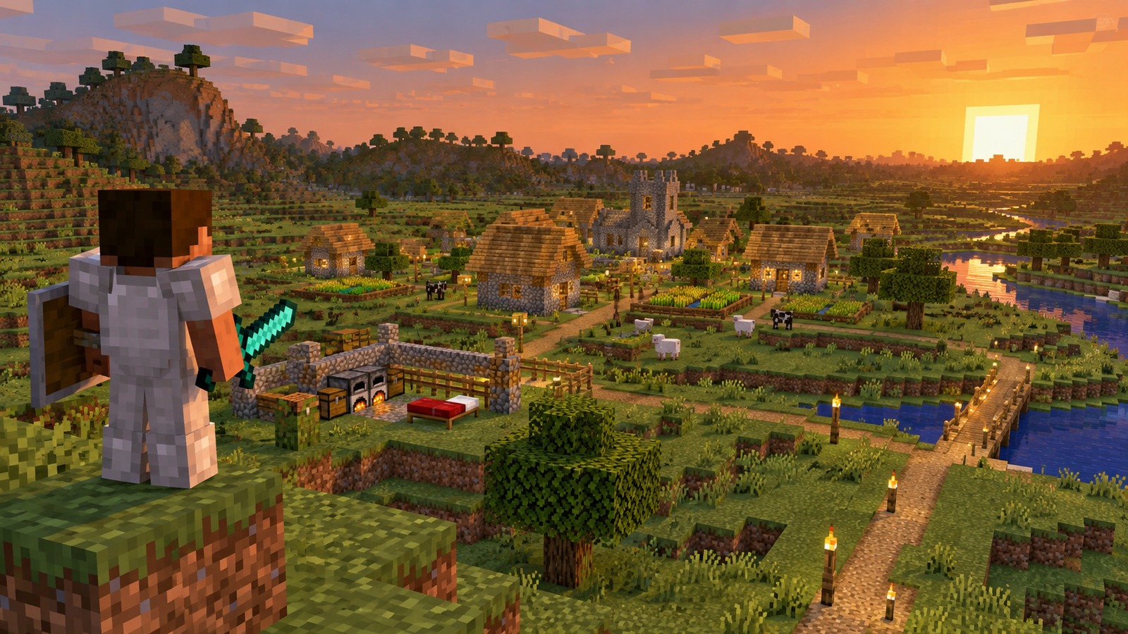 Minecraft-style final recommendation scene for village at spawn seeds