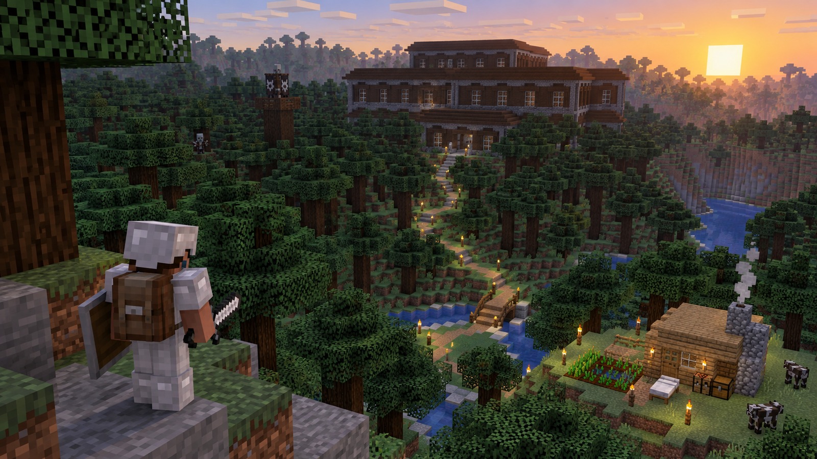 Minecraft-style mansion on a village island editorial scene