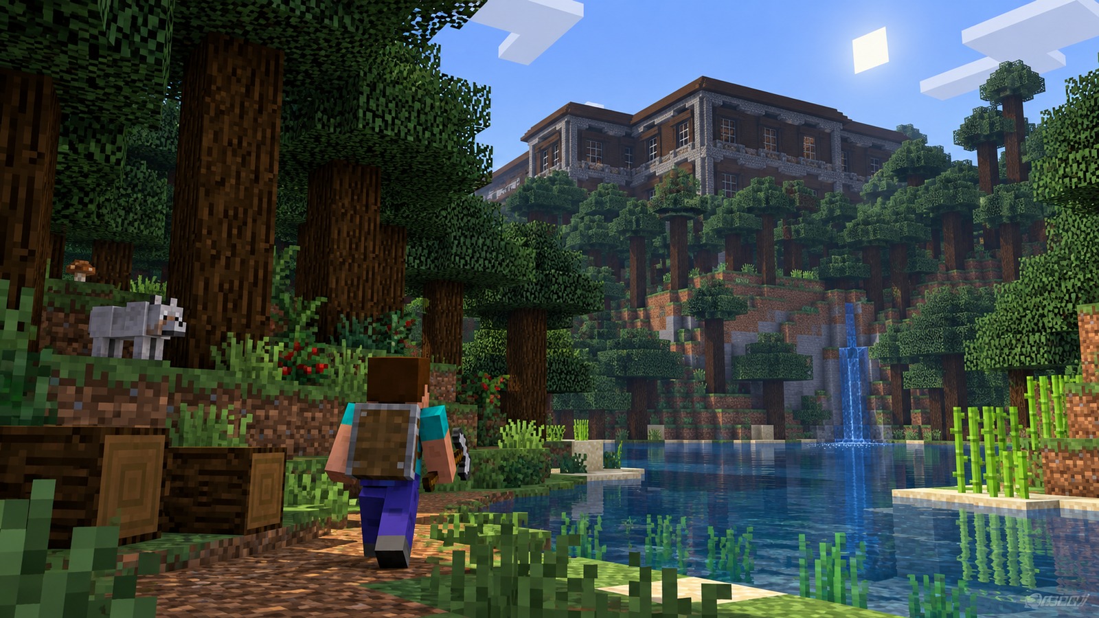 Minecraft-style seventy-seven-block mansion editorial scene