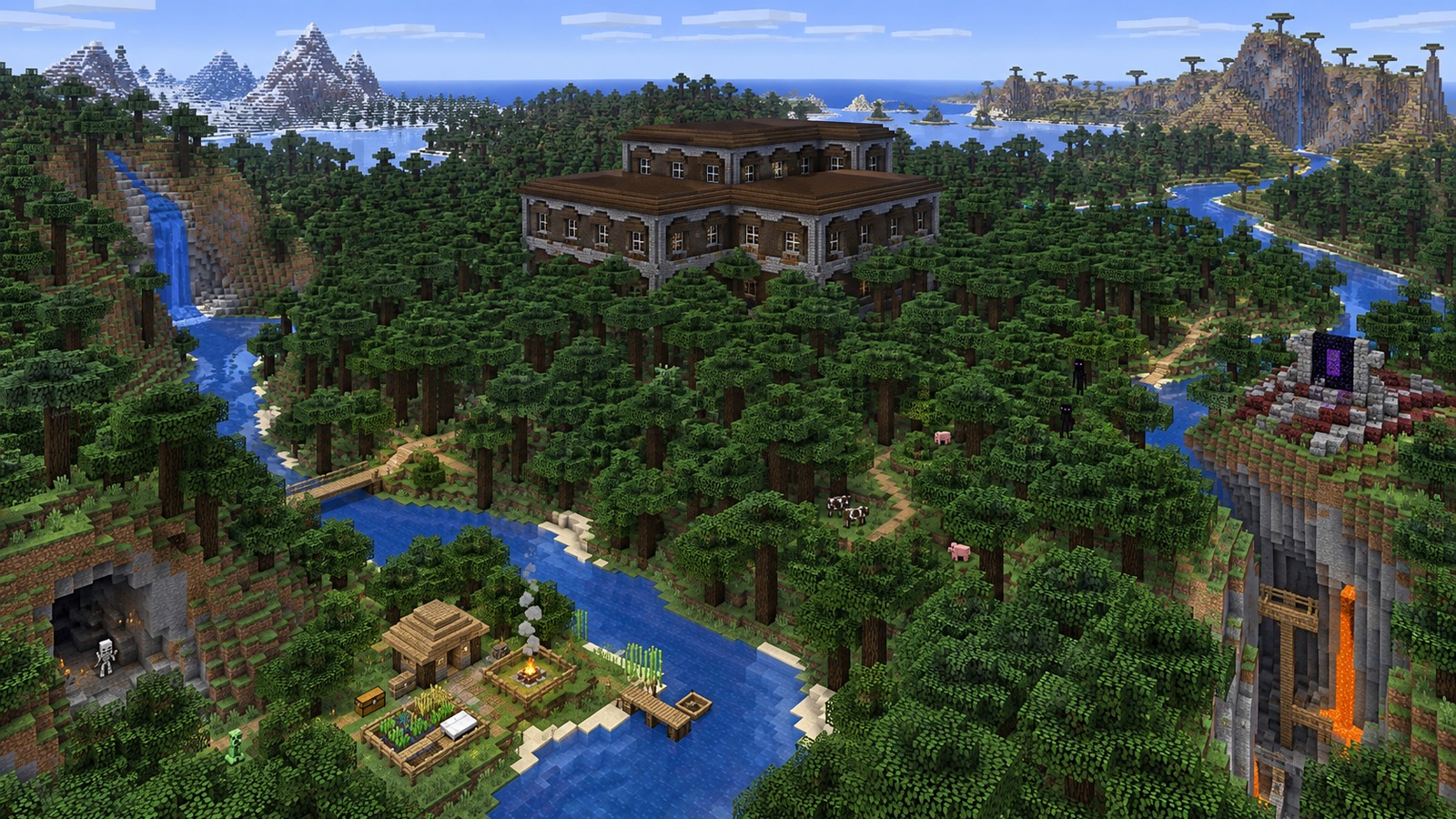 Minecraft-style riverside mushroom-forest mansion editorial scene