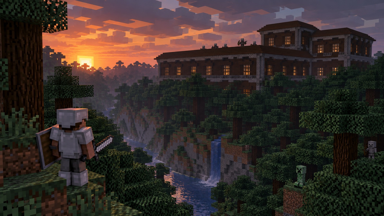 Minecraft-style village-and-mansion collision editorial scene