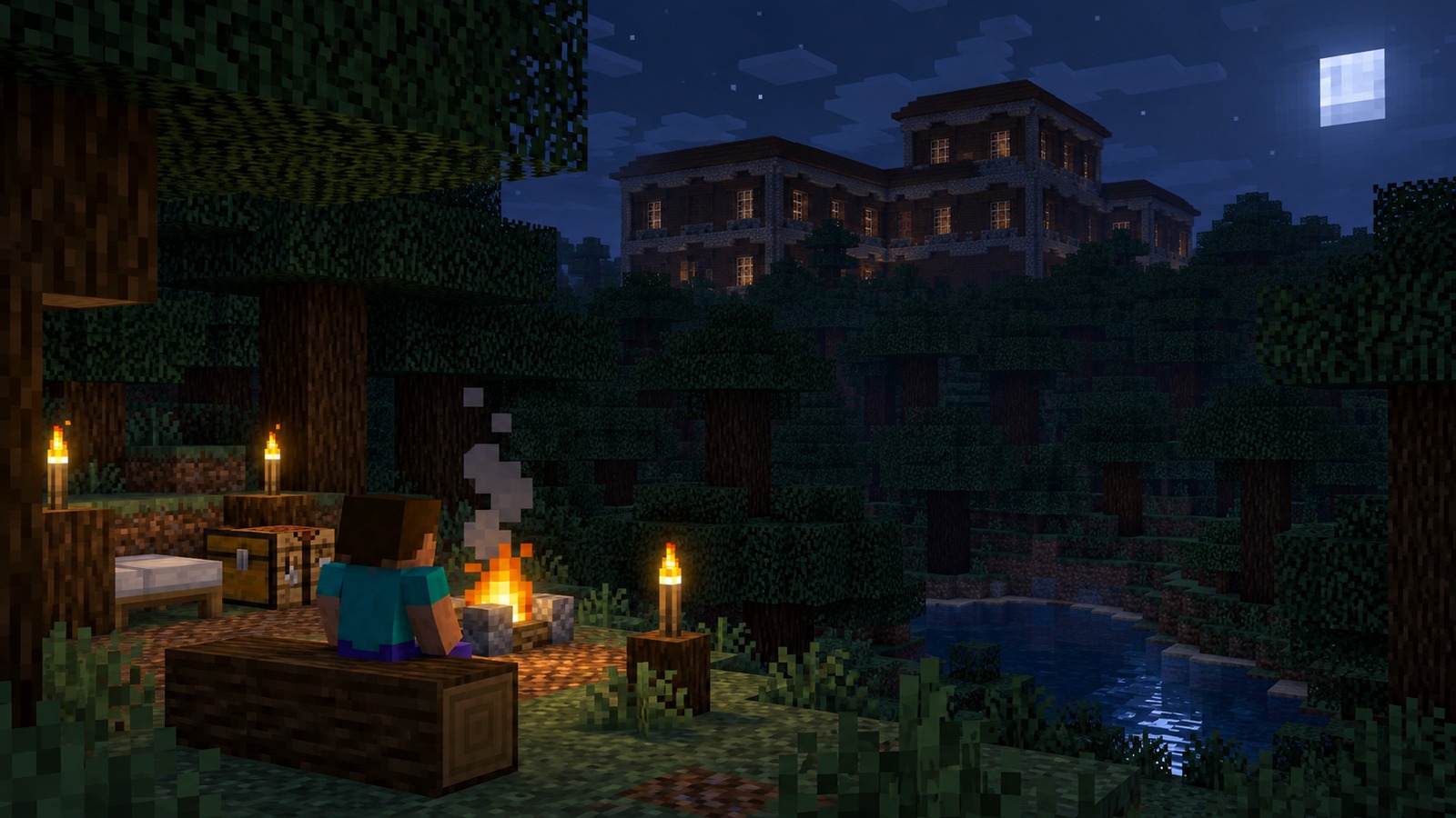Minecraft-style ancient city mansion route editorial scene