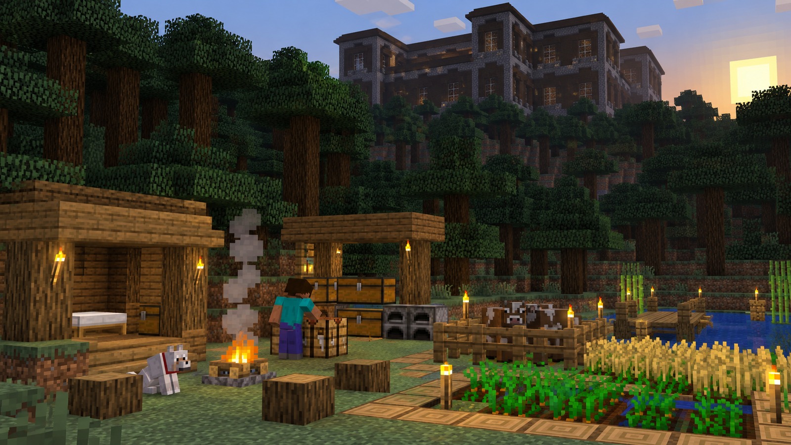 Minecraft-style all-biomes mansion start editorial scene