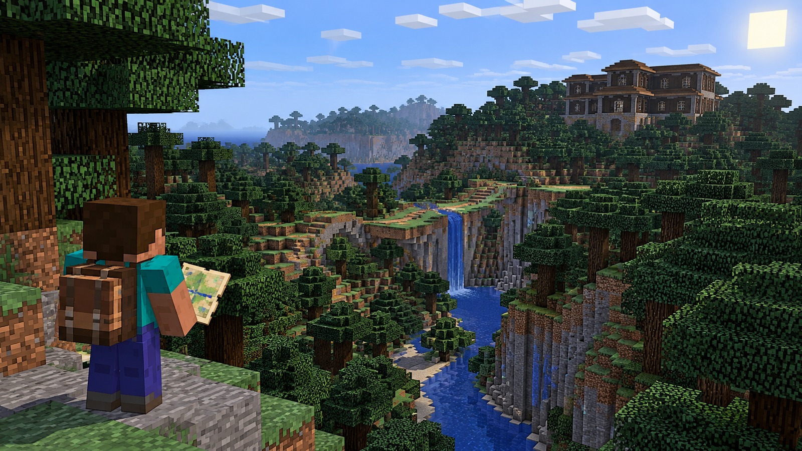 Minecraft-style portal-first mansion expedition editorial scene