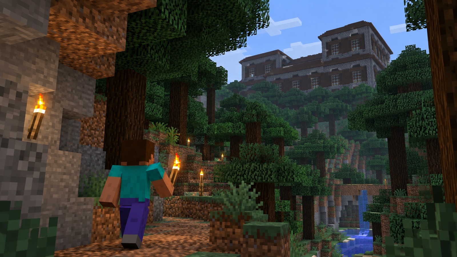 Minecraft-style village supply run editorial scene