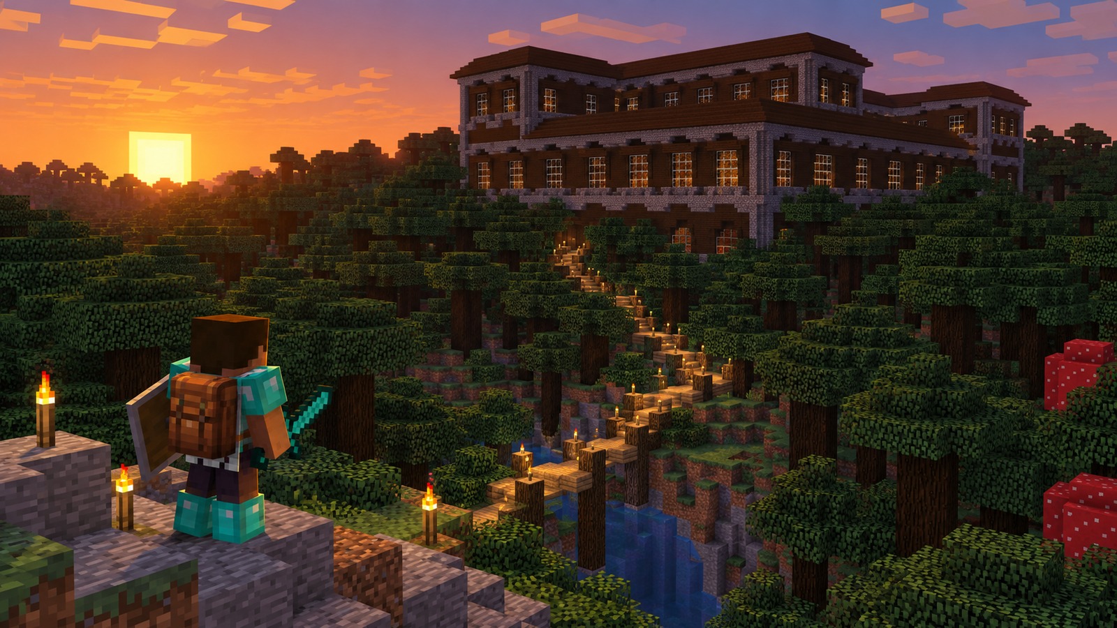 Minecraft-style dark-forest long trek editorial scene