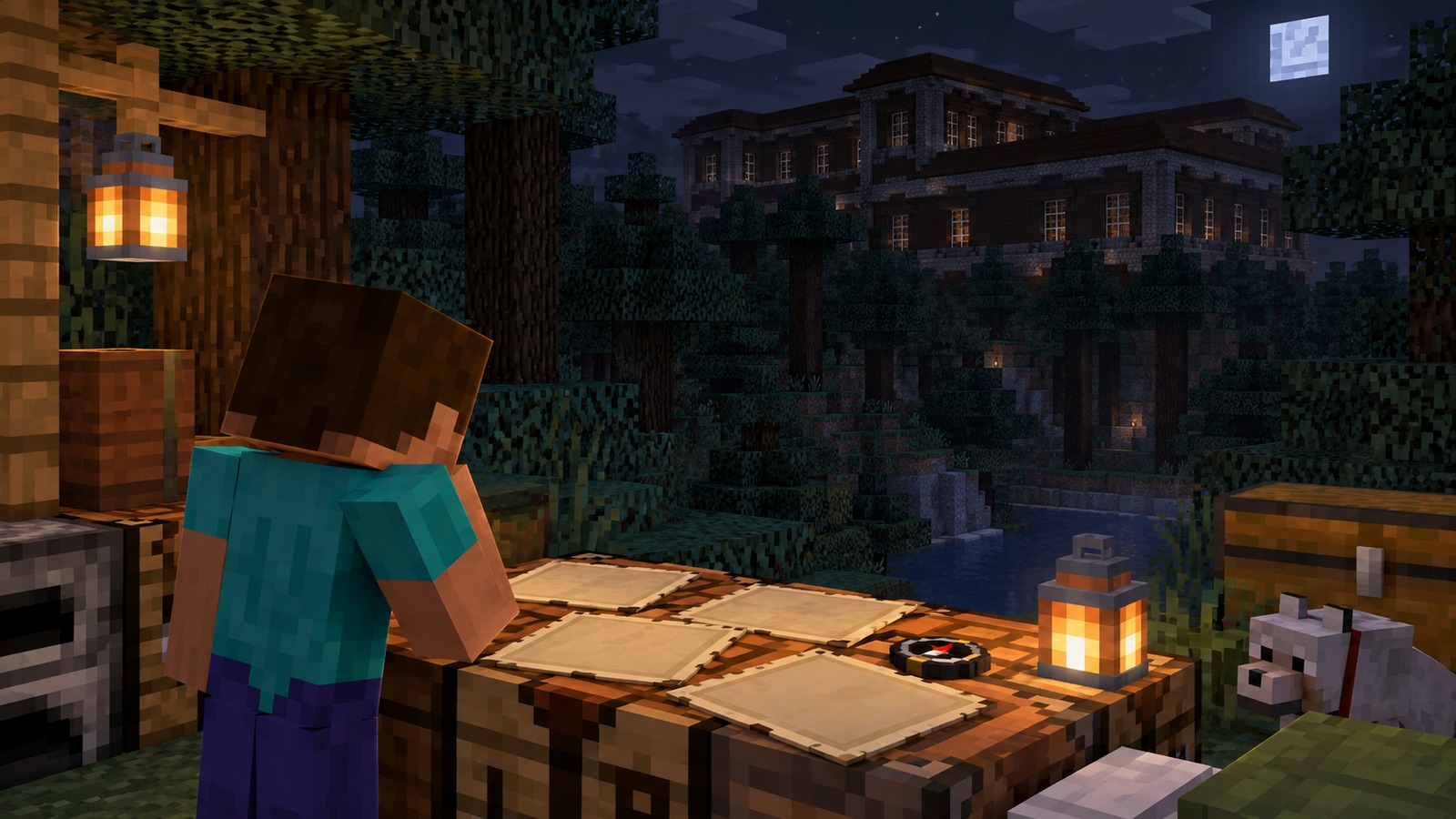 Minecraft-style mapping table comparing woodland mansion routes
