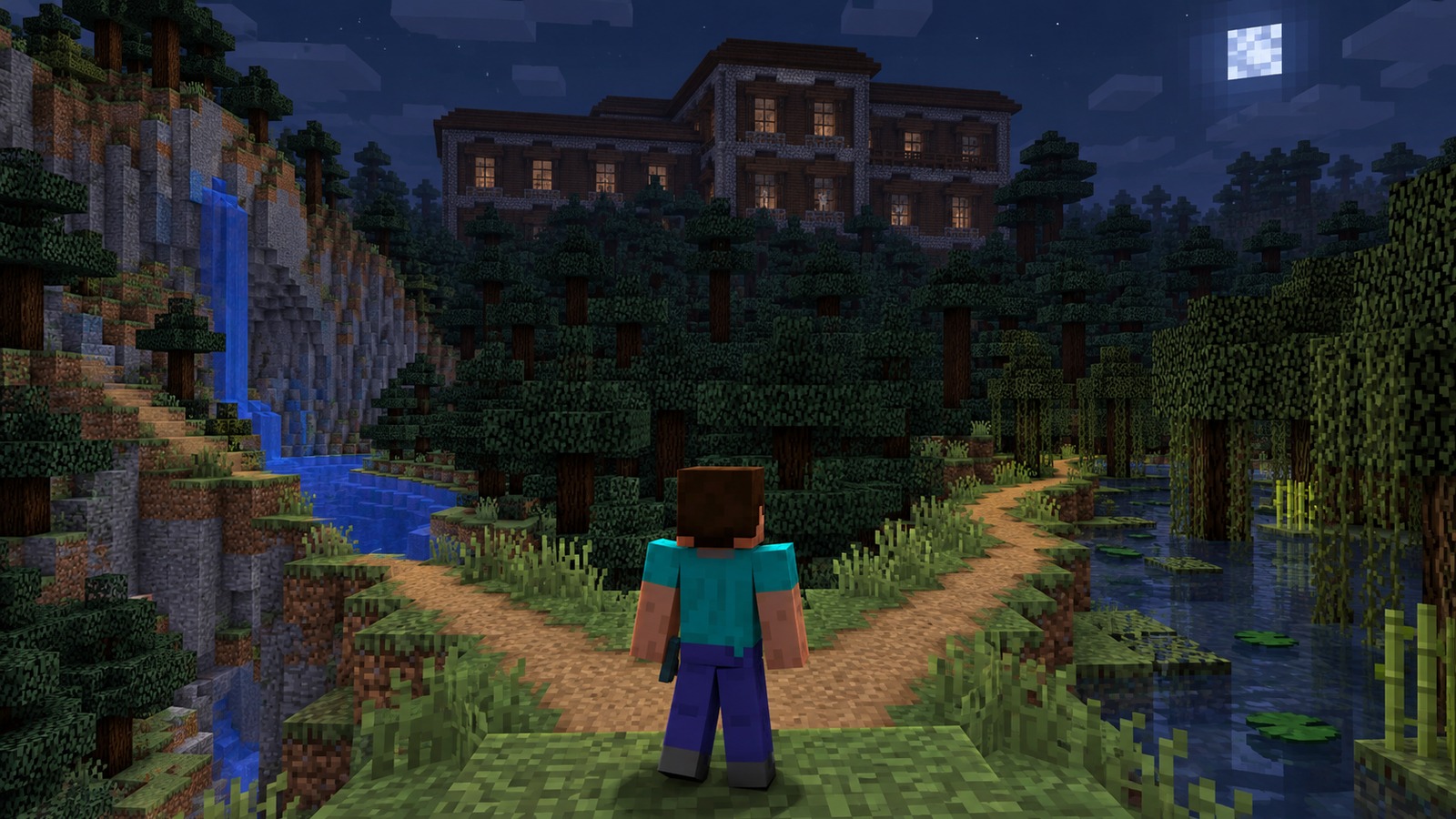 Minecraft-style player choosing among woodland mansion worlds