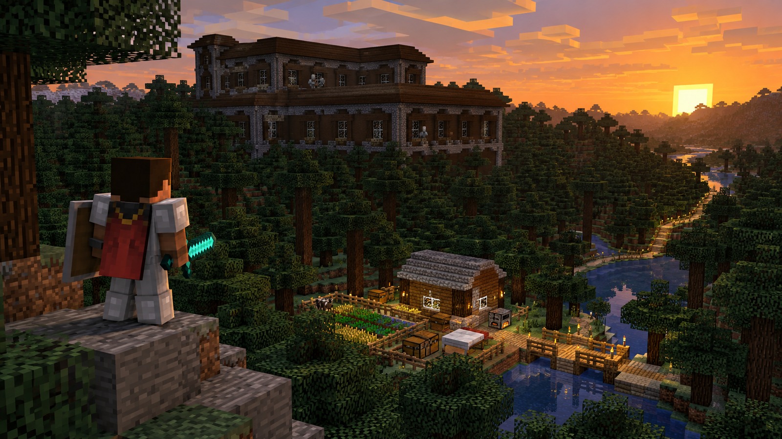 Minecraft-style final recommendation scene for woodland mansion seeds