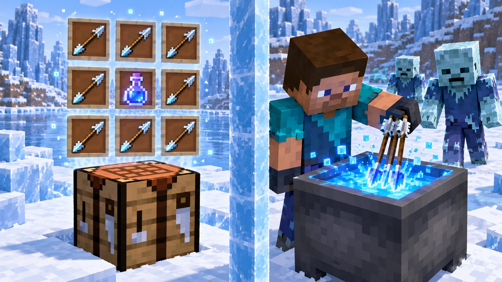 Minecraft-style Freezing Arrow crafting and potion-cauldron dipping