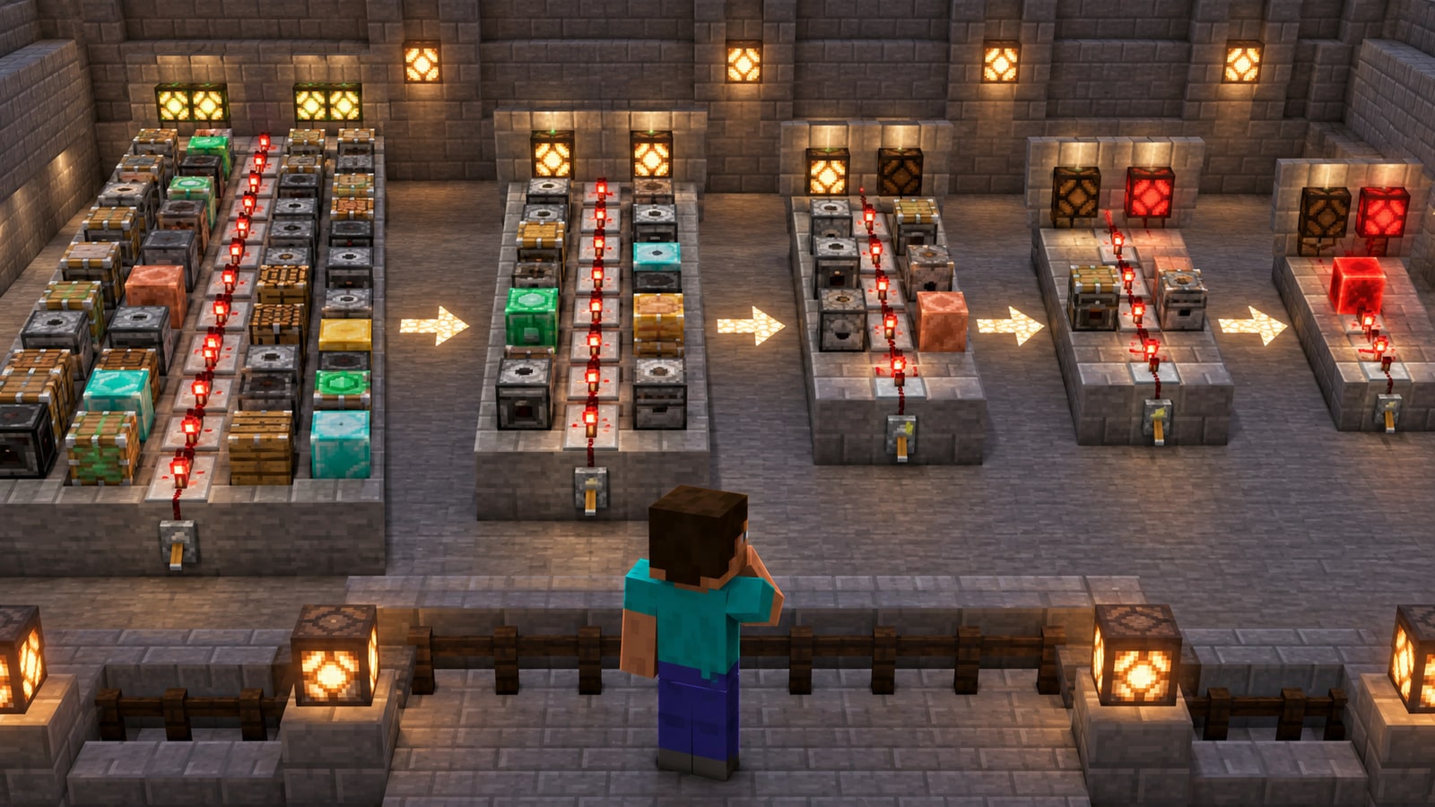 Minecraft-style diagnostic room narrowing many mod modules to one faulty component