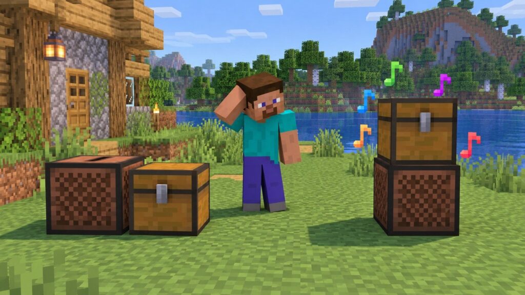 Minecraft-style incorrect side-by-side chest and Jukebox compared with the correct vertical stack