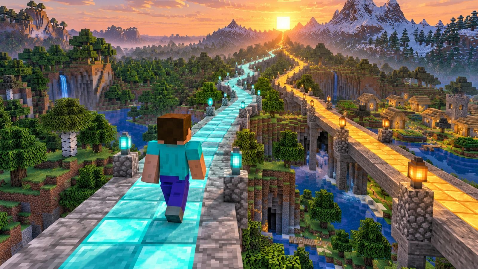 Minecraft-style player choosing a primary graphics path with a fallback route nearby