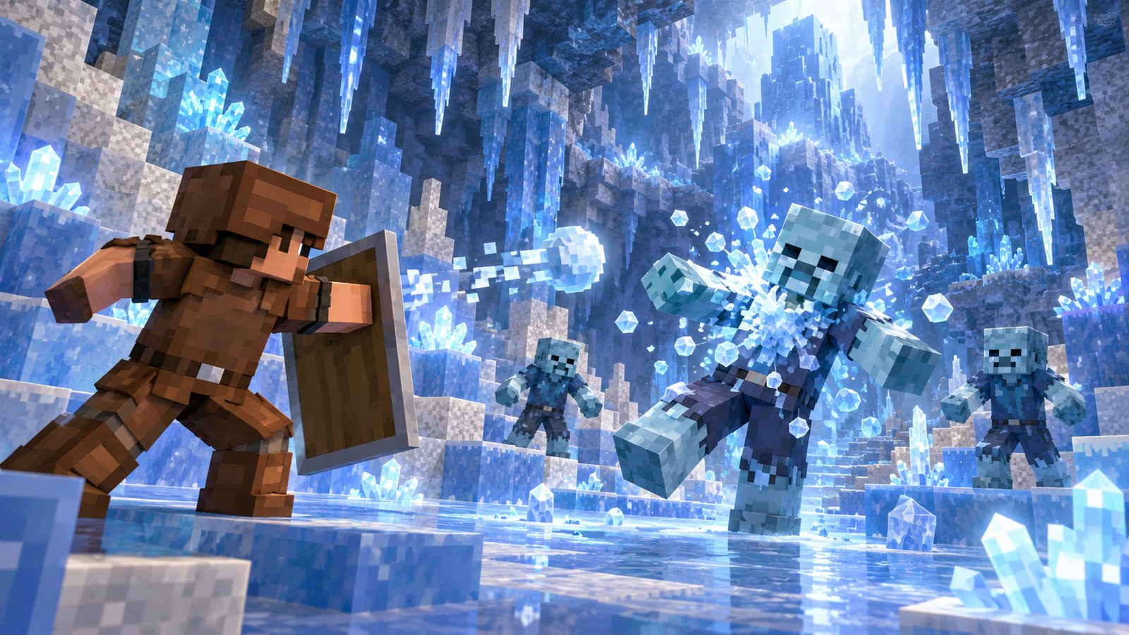 Minecraft-style player defeating a Frostbite with an Ice Ball in an Ice Cave