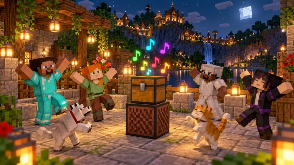 Minecraft-style players dancing around an automatic chest-and-Jukebox playlist at night