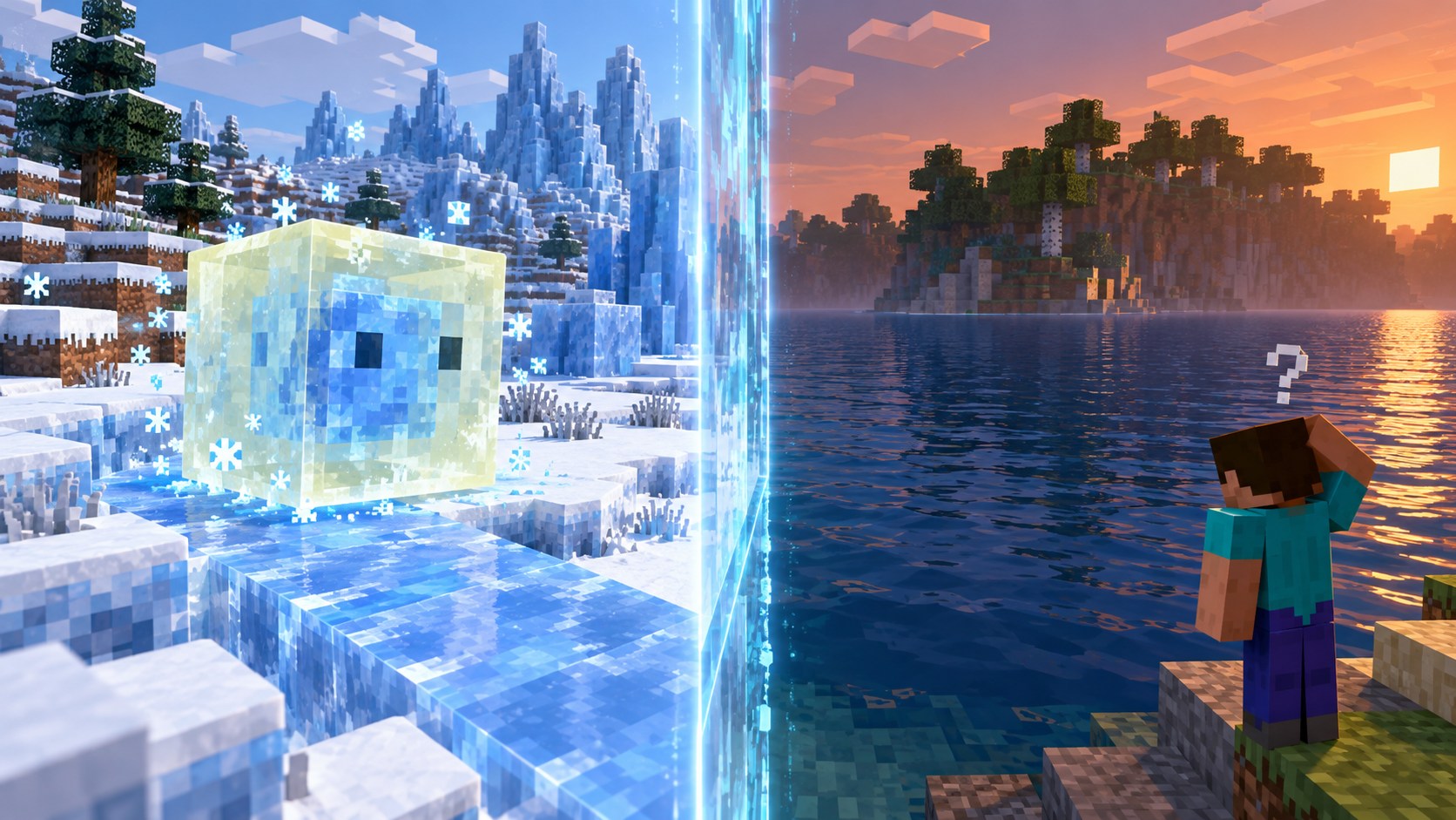 Split Minecraft world showing Cold Sulfur Cube support on one side and an incompatible world on the other