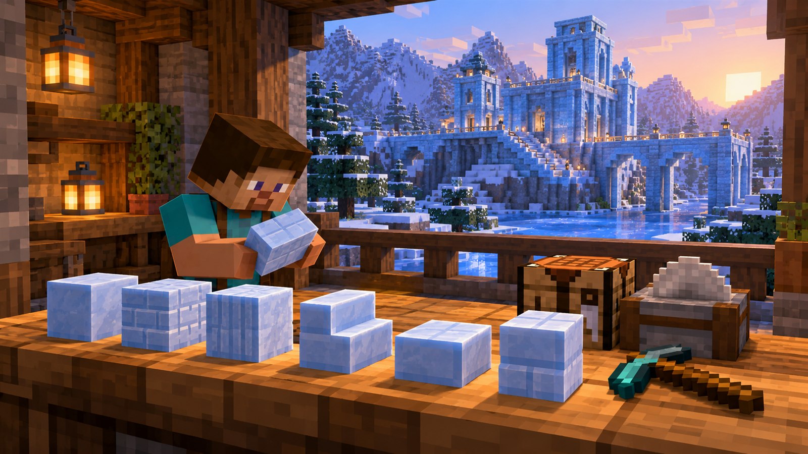 Minecraft editorial workshop reviewing Packed Ice Brick samples, tools and a frozen build