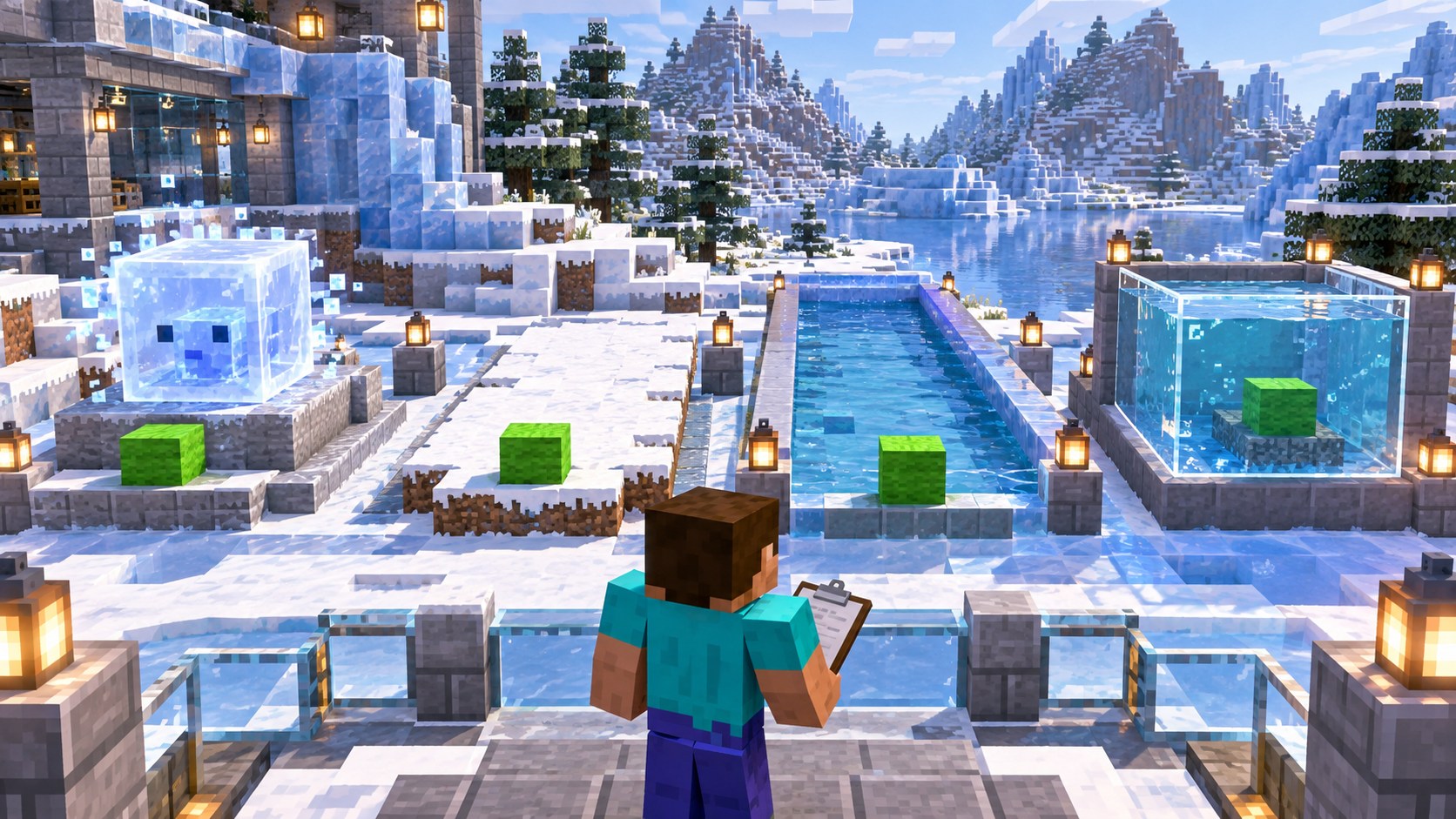 Minecraft-style Cold Sulfur Cube test laboratory with four prepared experiment stations