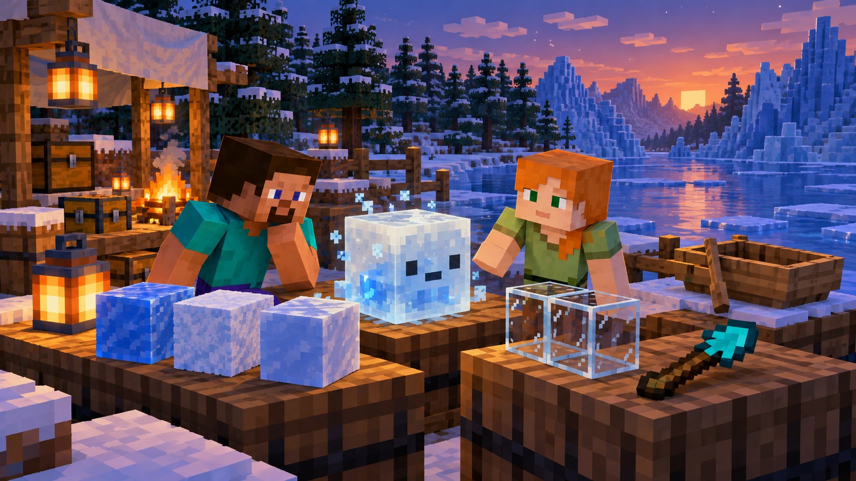 Steve and Alex examining a Cold Sulfur Cube, Blue Ice and test materials beside a frozen lake