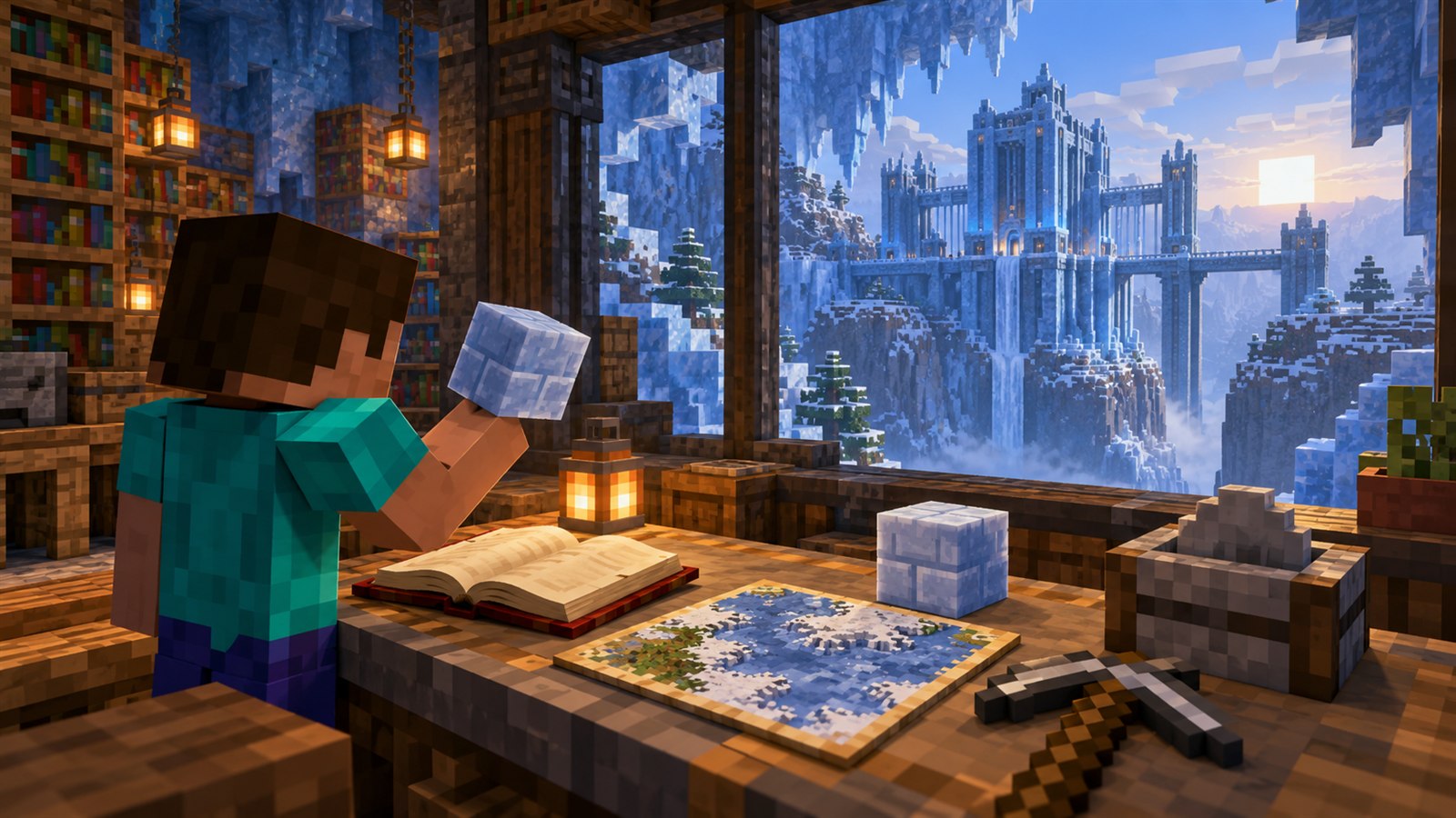 Minecraft research desk with Packed Ice Brick samples, a blank book, map, pickaxe and stonecutter
