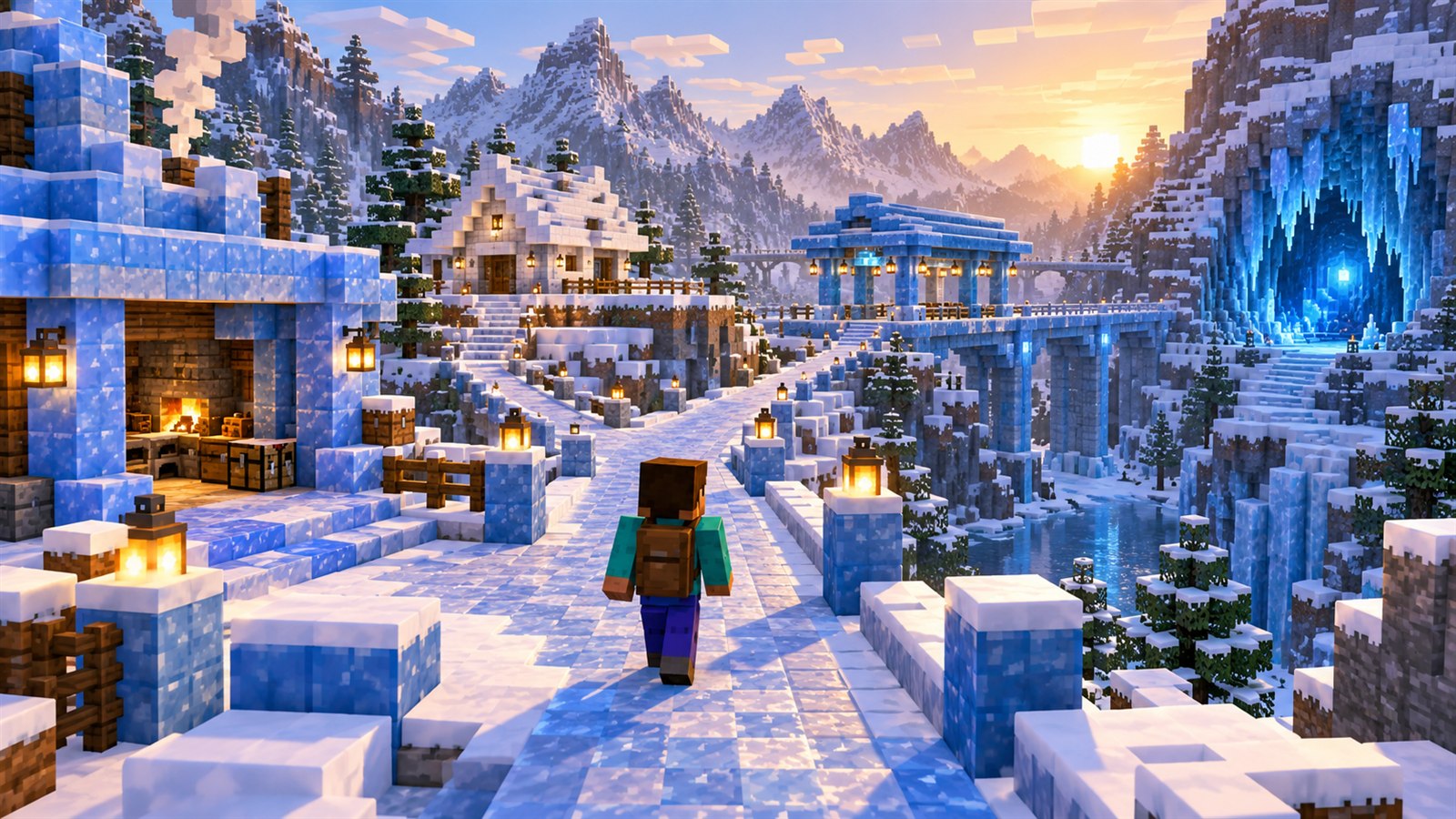 Minecraft explorer following a snowy path toward a Snow Brick cottage, Blue Ice station and ice cave