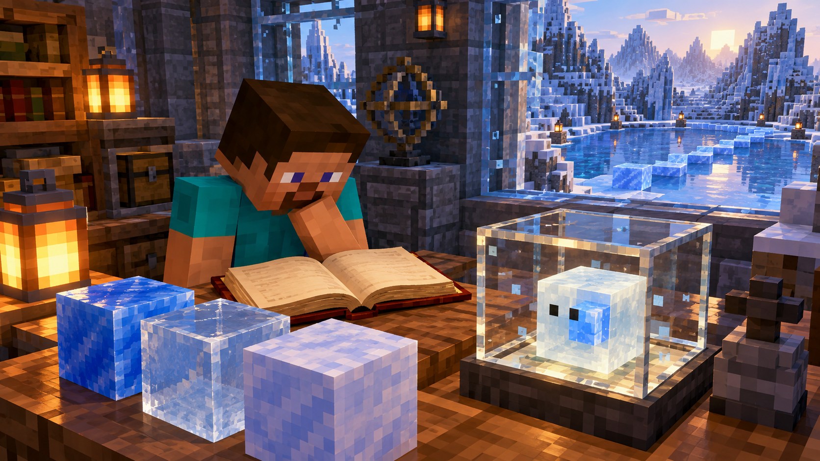 Minecraft-style research desk with ice blocks, a Cold Sulfur Cube model and a test pool outside