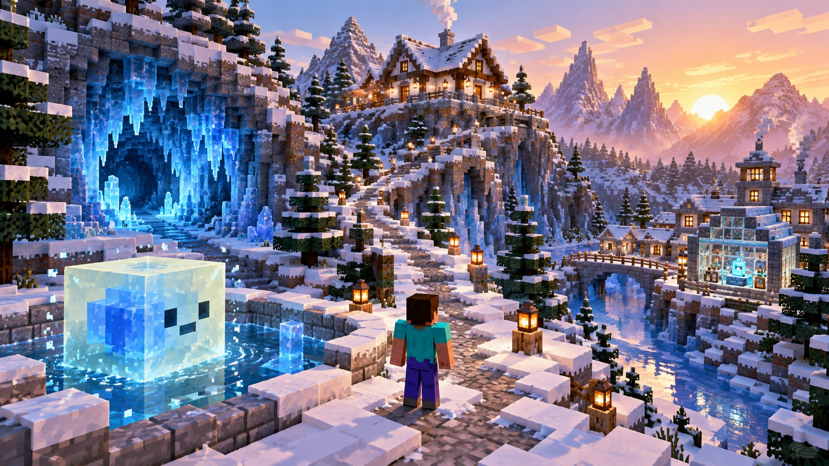 Snowy paths leading from a Cold Sulfur Cube toward an ice cave, mountain lodge and village laboratory