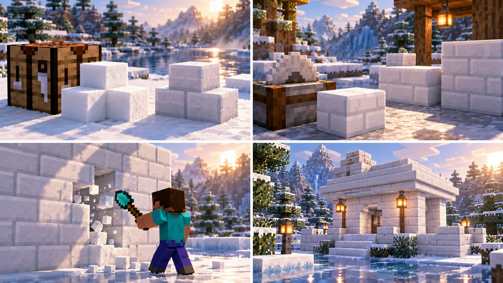 Illustrated Snow Bricks crafting, stonecutting, mining and building checks
