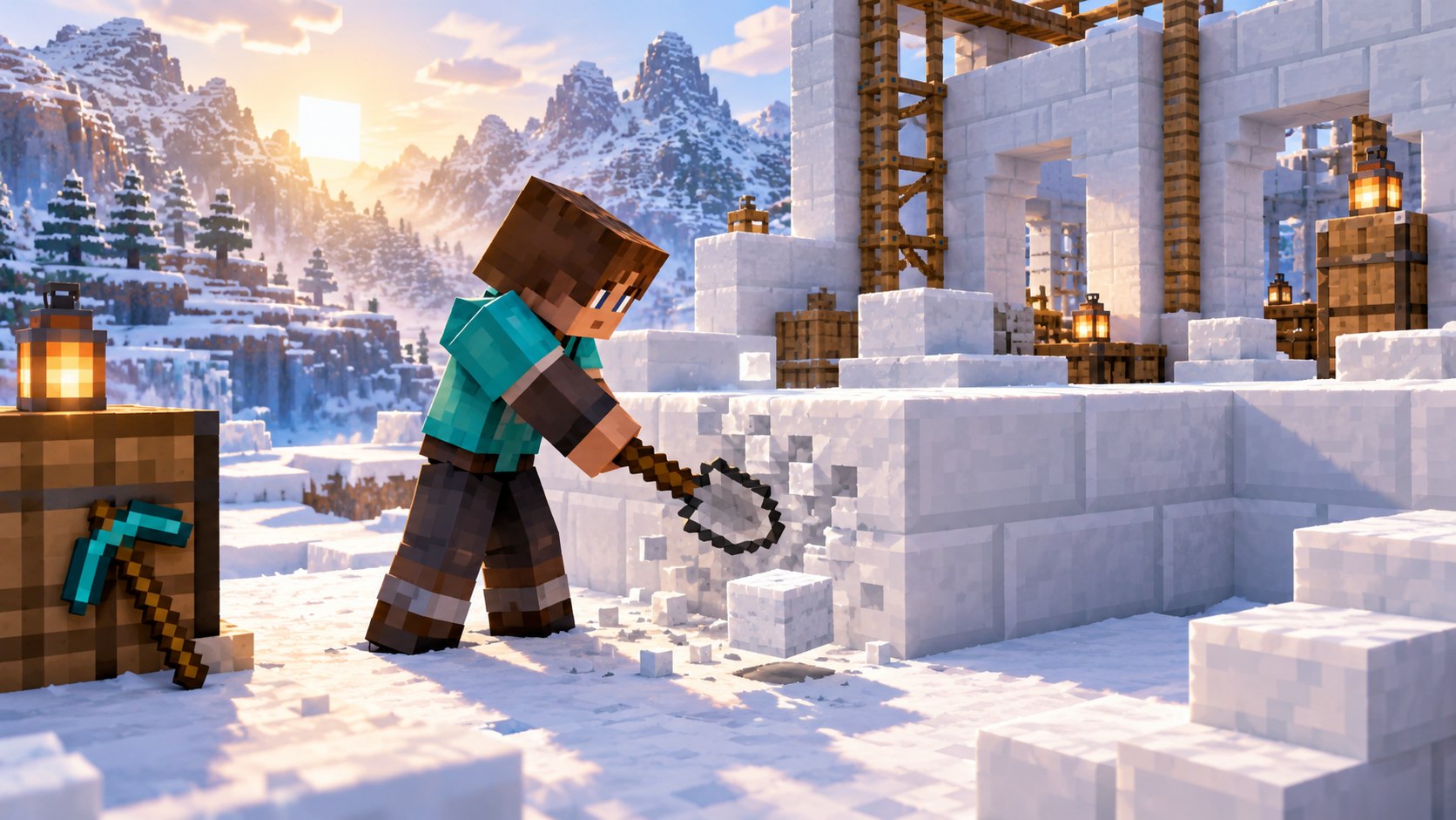 Minecraft-style builder mining Snow Bricks with a shovel